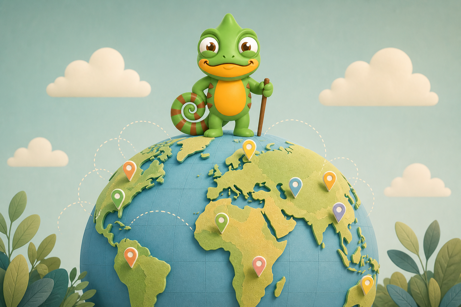 Globe with Chameleo mascot standing on top, representing global cultural guidance
