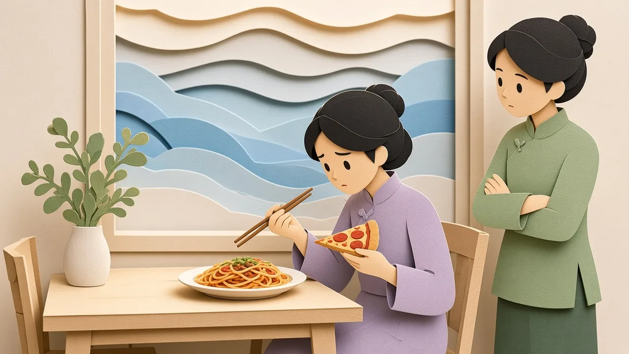 Papercut scene of a woman at a table with pizza and pasta, holding chopsticks, while another woman watches