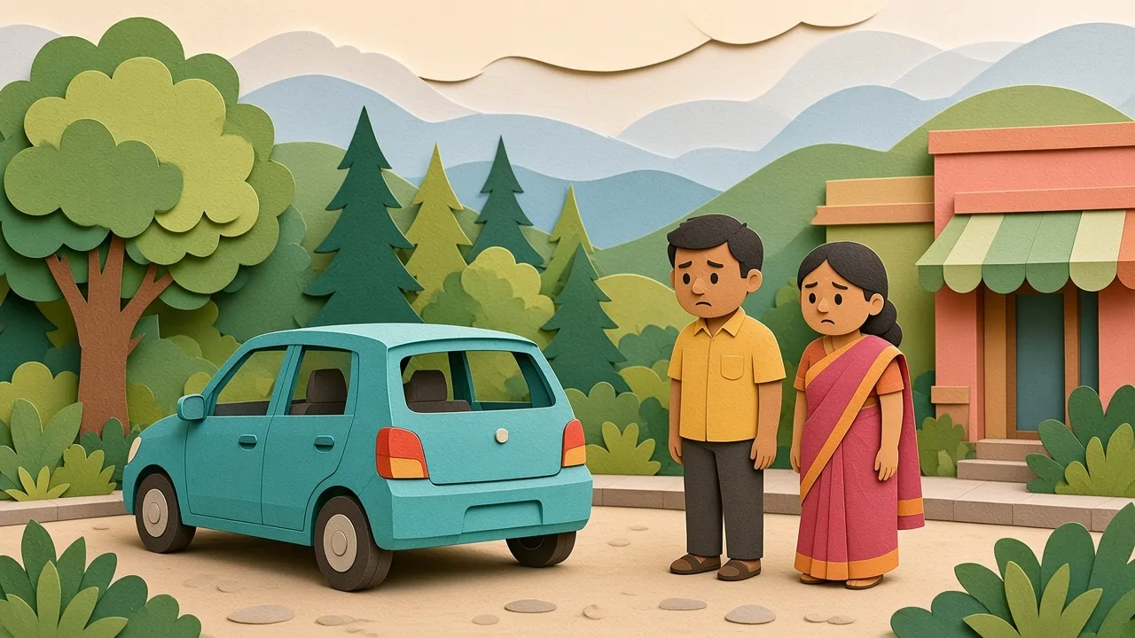 Papercut of a small hatchback on a street, with two people standing nearby looking uneasy