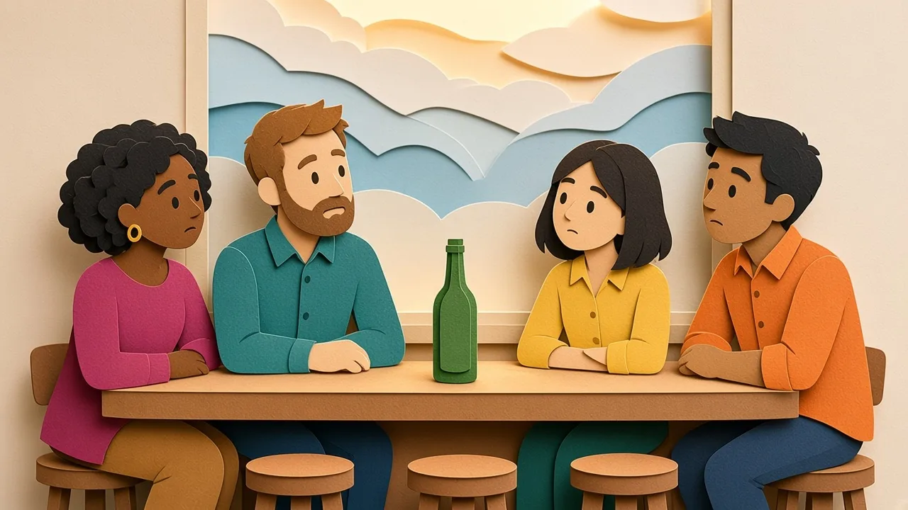 Papercut bar scene with four people and a green bottle on the table between them