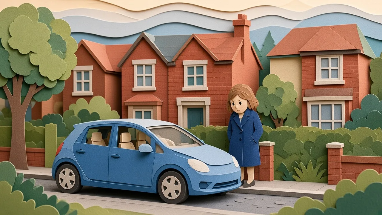 Papercut of a small car parked on a quiet residential street, with a person standing nearby
