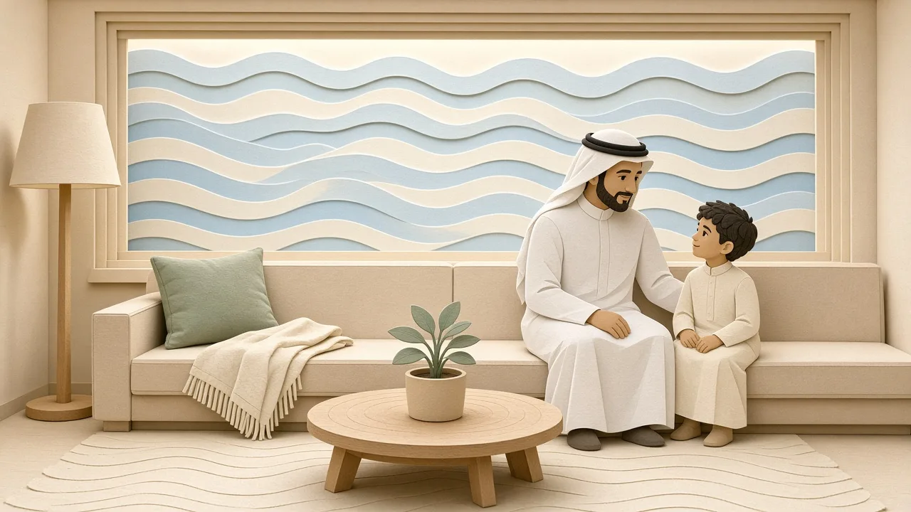 Papercut living room with a man and a child on a sofa and an empty seat with a cushion beside them