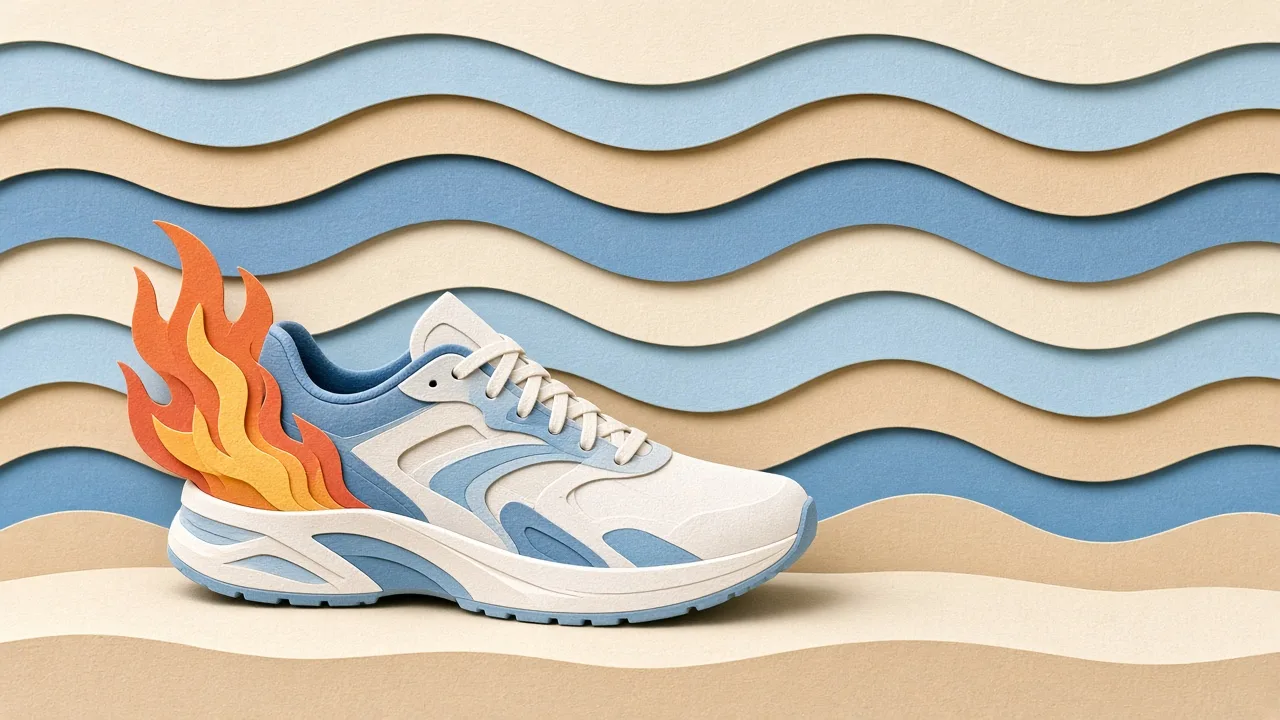 Papercut running shoe with a layered paper flame on the heel