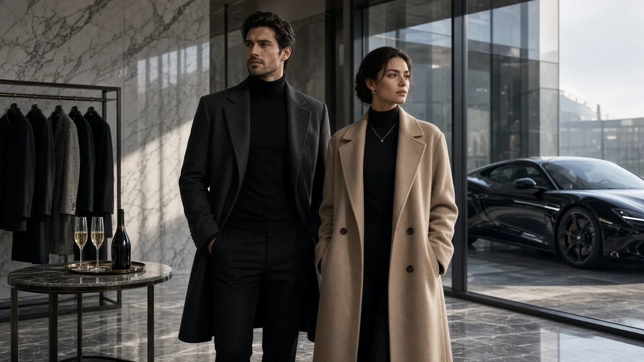 Campaign still with polished lifestyle framing