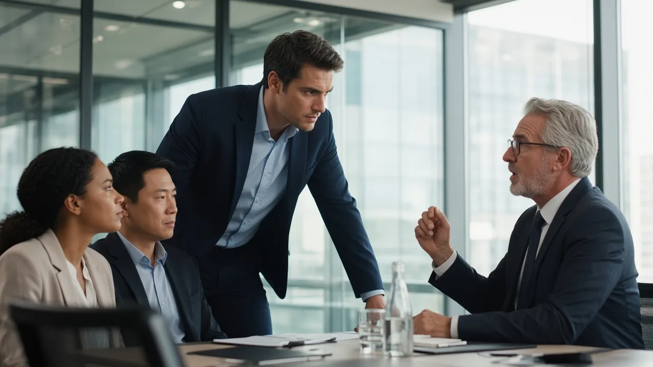Campaign still of a meeting room conversation