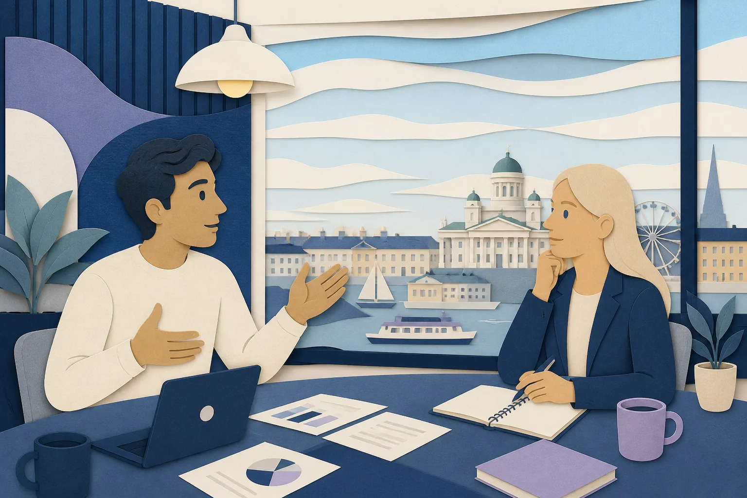 Papercut scene: exchange participant in a quiet workplace meeting